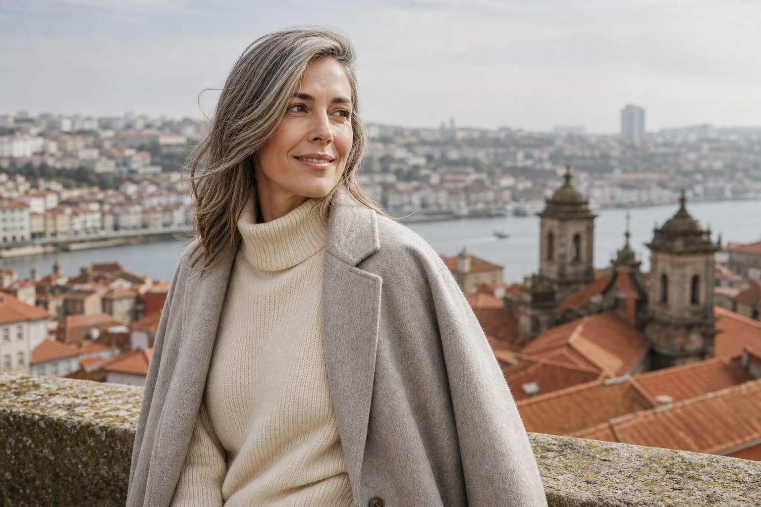 Mulher de cabelo grisalho com camisola de alpaca num miradouro sobre os telhados do Porto