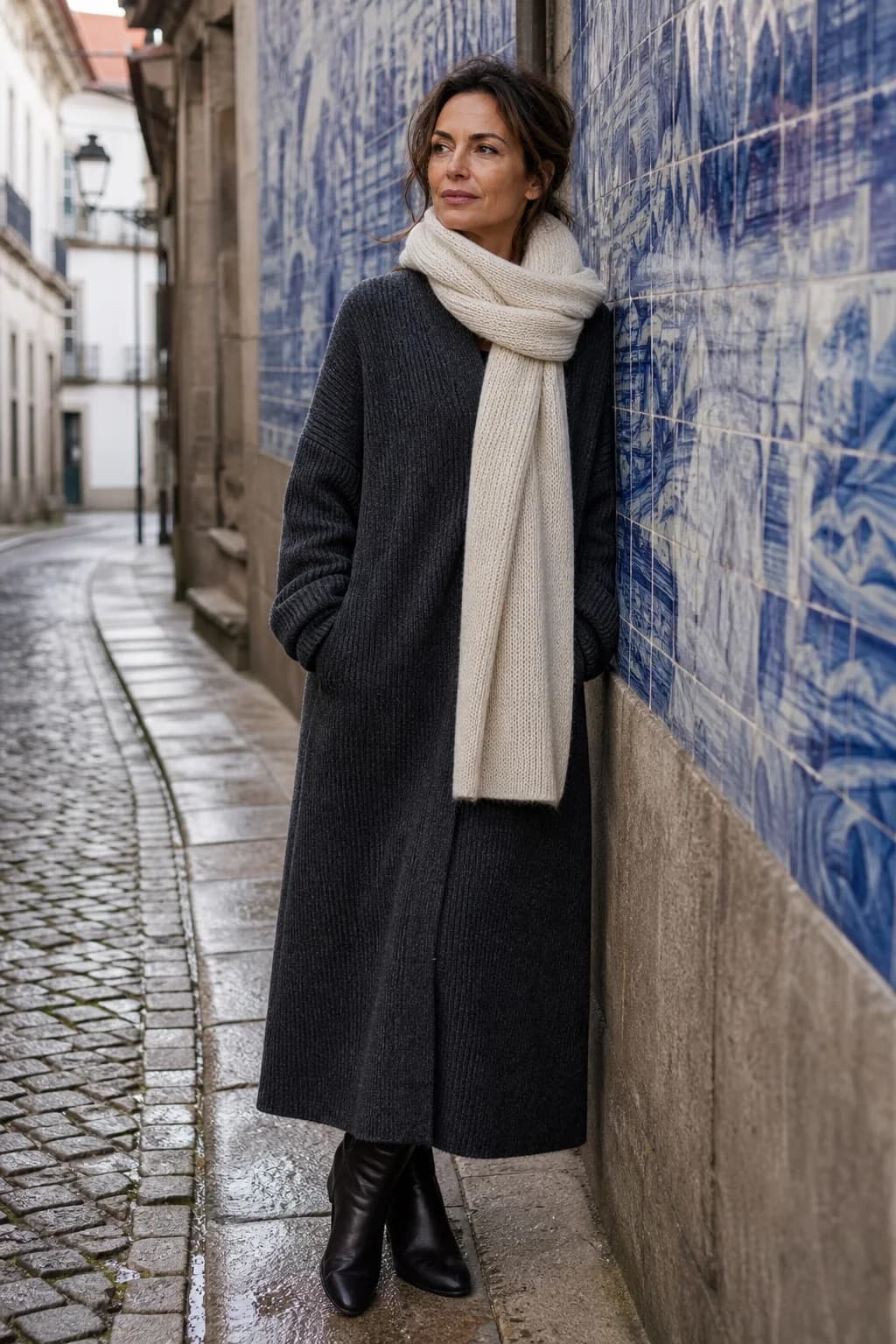 Mulher com casaco de malha cinza junto a uma parede de azulejos no Porto